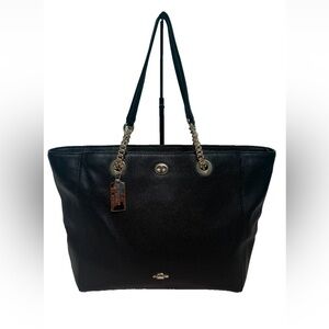 COACH TURNLOCK CHAIN TOTE Pebbled Leather Shoulder Bag Work Travel Casual Black